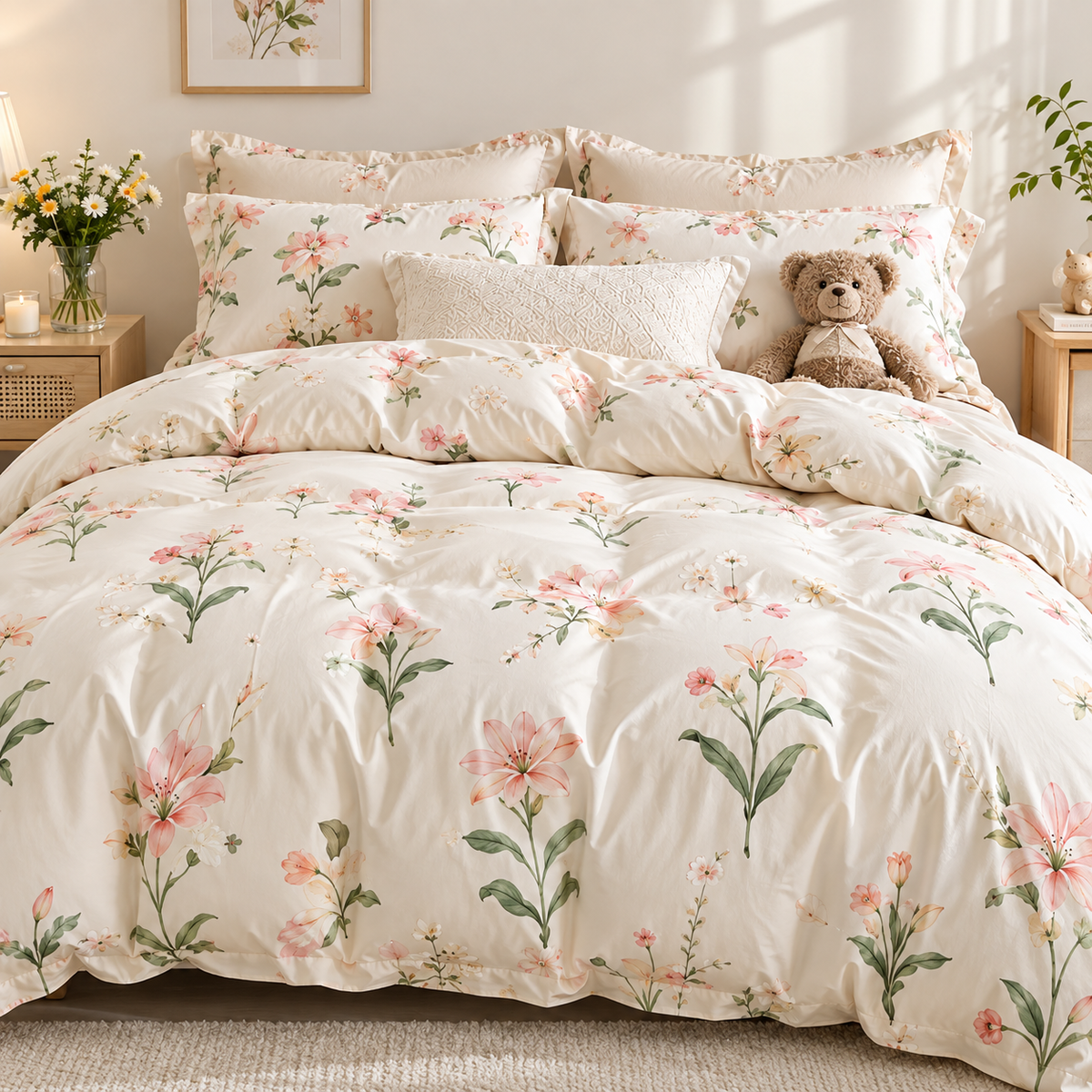 Cream Floral Bedding Set