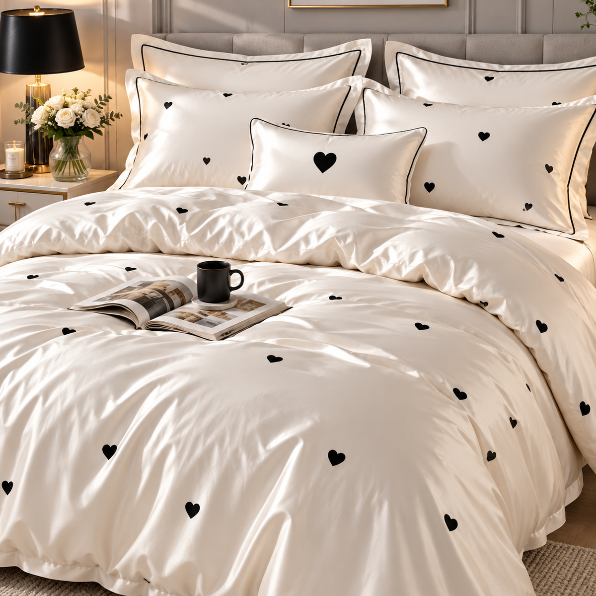 Cream White Heart Print Bedding Set