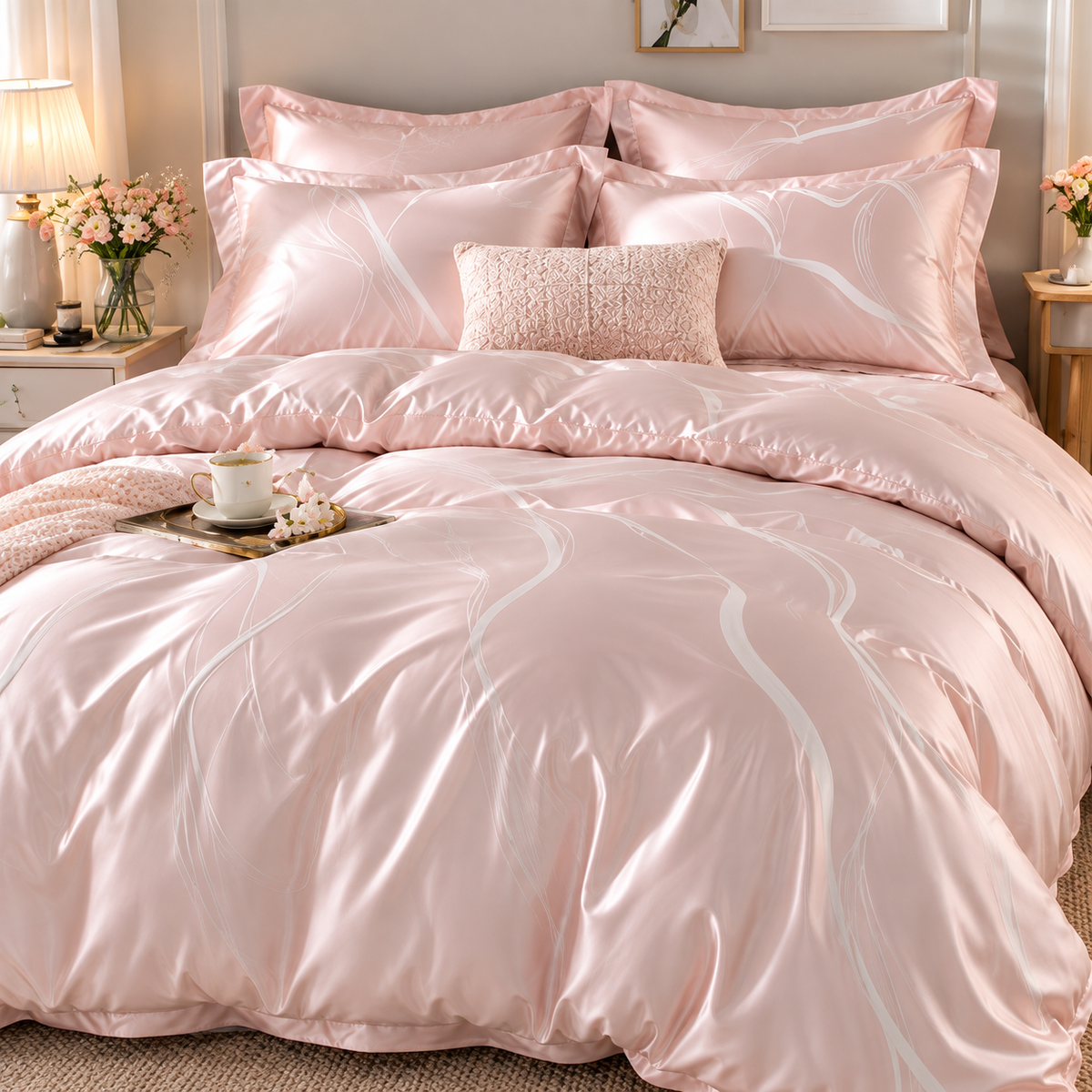 Blush Pink Abstract Line Bedding Set