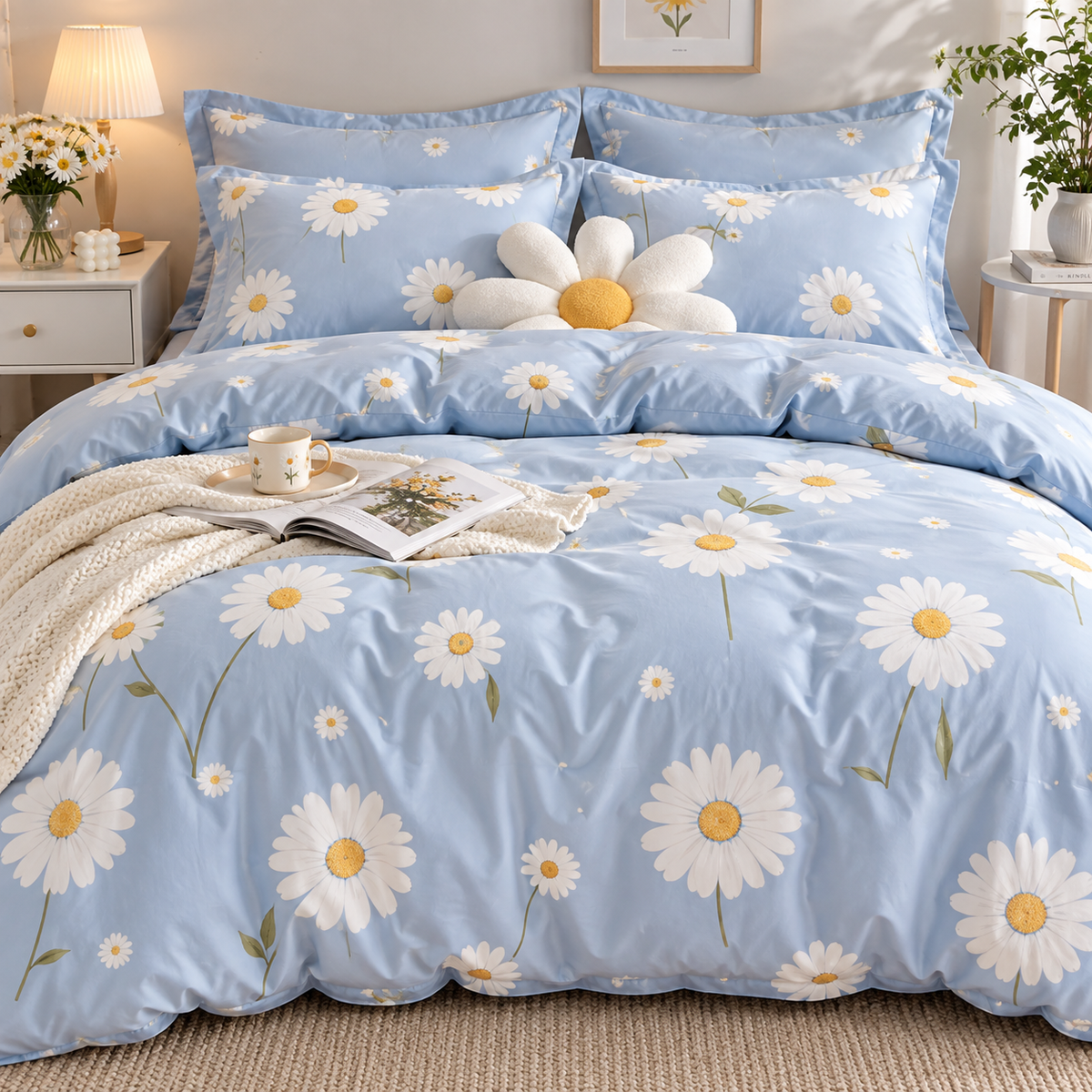 Sky Blue Daisy Floral Bedding Set