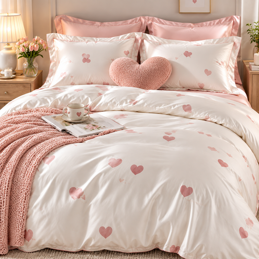 Blush Pink Heart Print Bedding Set